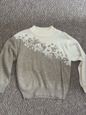 Laura Ashley Cream and Brown Floral Crewneck Sweater